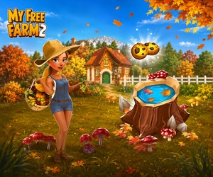 My Free Farm 2 Teaser Bild Ein Mädchen in einem Farmoutfit hält ein Huhn in der Hand. Im Hintergrund sieht man ein schönes Farmgebäude